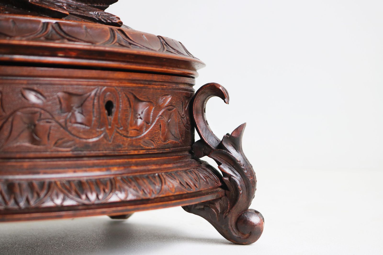 Home Decor Oval Jewelry Box Carved Walnut Swiss 19th Century Black Forest photo