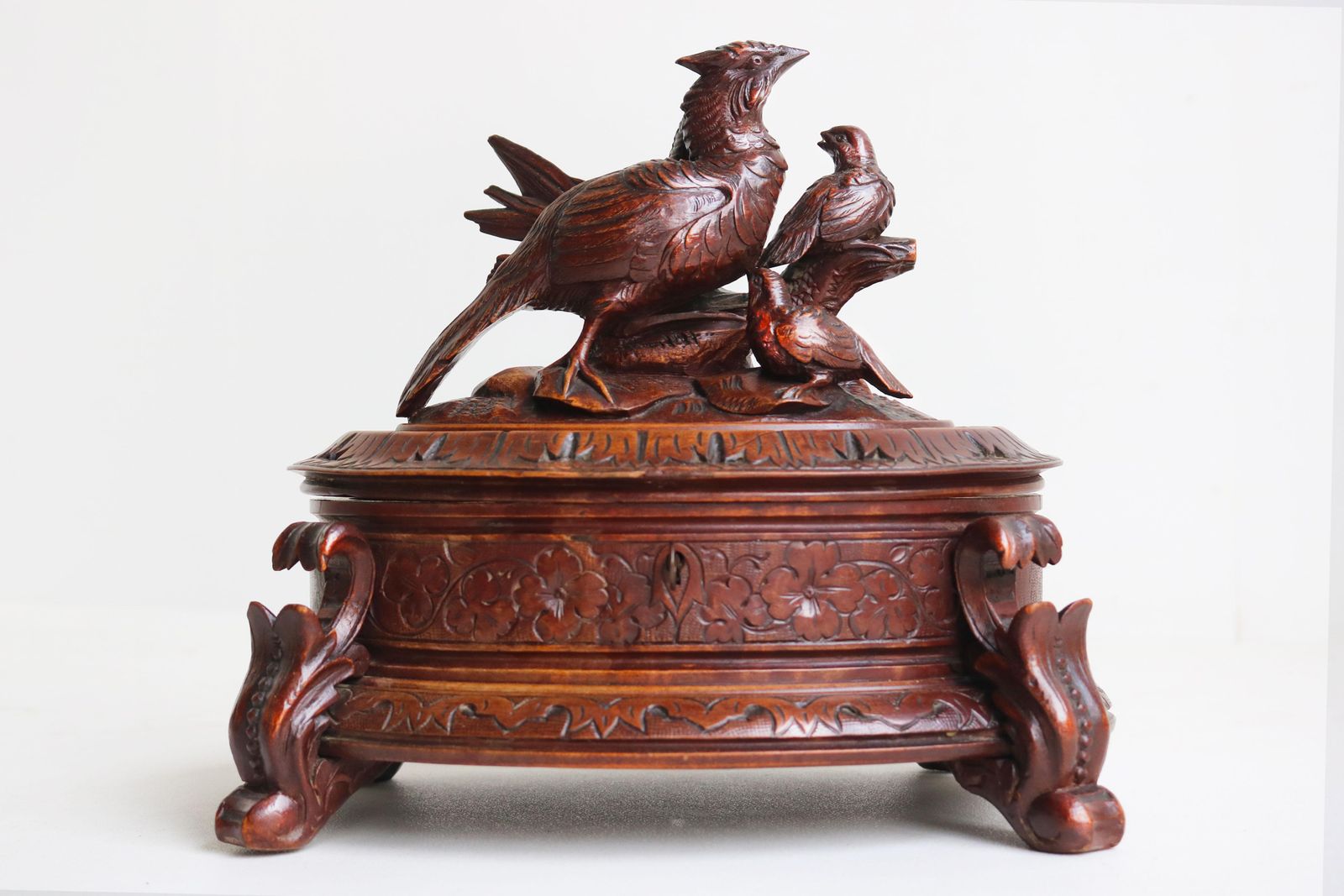 Large Oval Antique Swiss 19th Century Black Forest Jewelry Box Walnut 3 Birds photo for sale