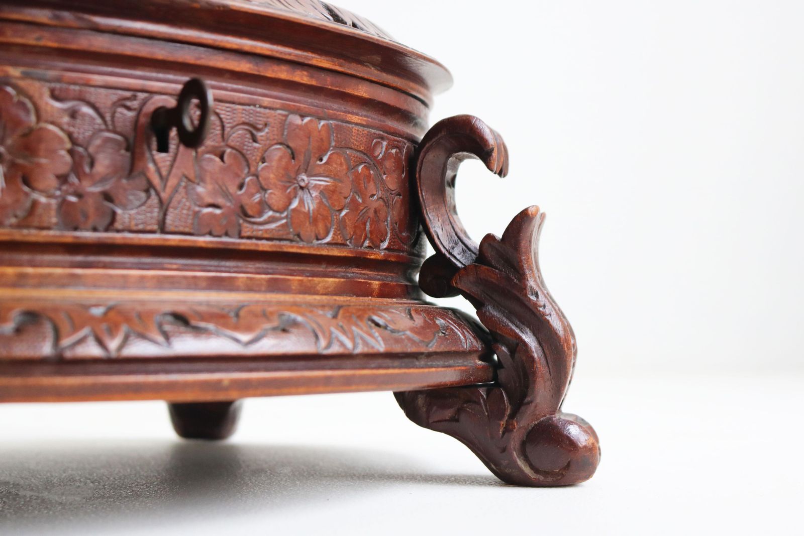 Large Oval Antique Swiss 19th Century Black Forest Jewelry Box Walnut 3 Birds photo buy