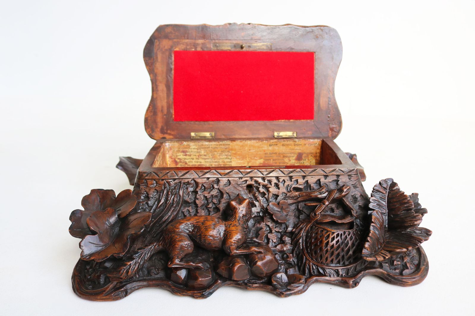 Rare 2 Tier Swiss 19th Century Black Forest Jewelry Box Hand Carved Fox & Bird. photo buy