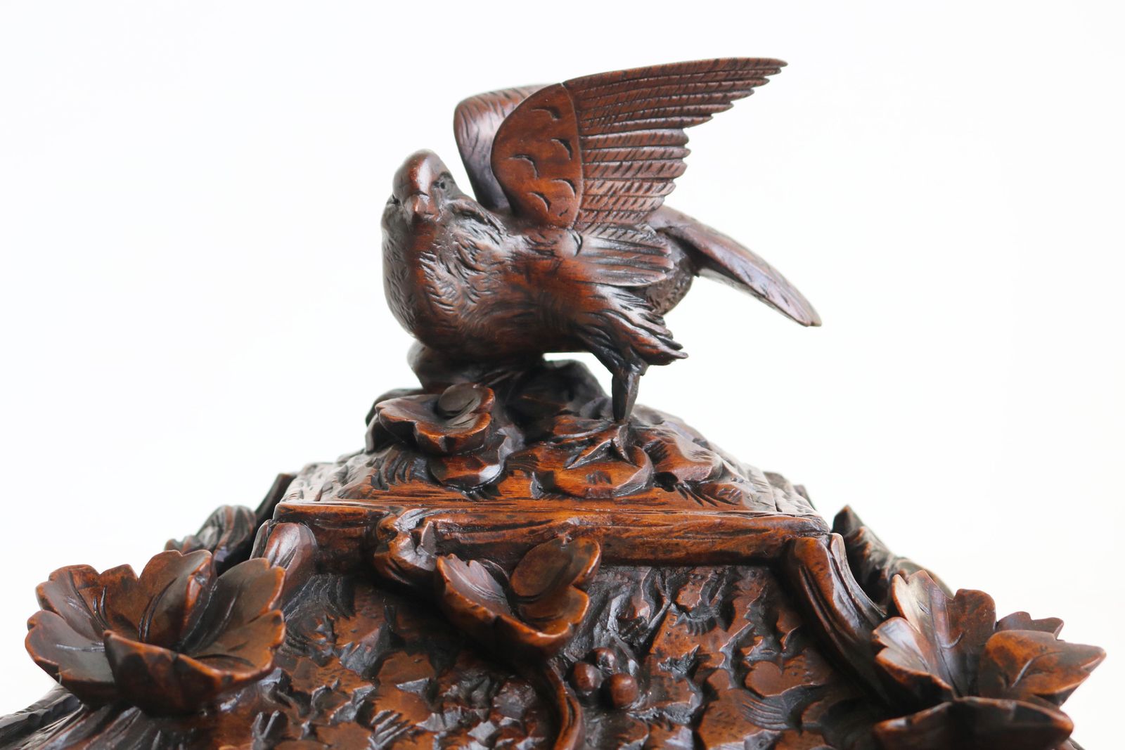 Home Decor Rare 2 Tier Swiss 19th Century Black Forest Jewelry Box Hand Carved Fox & Bird. photo