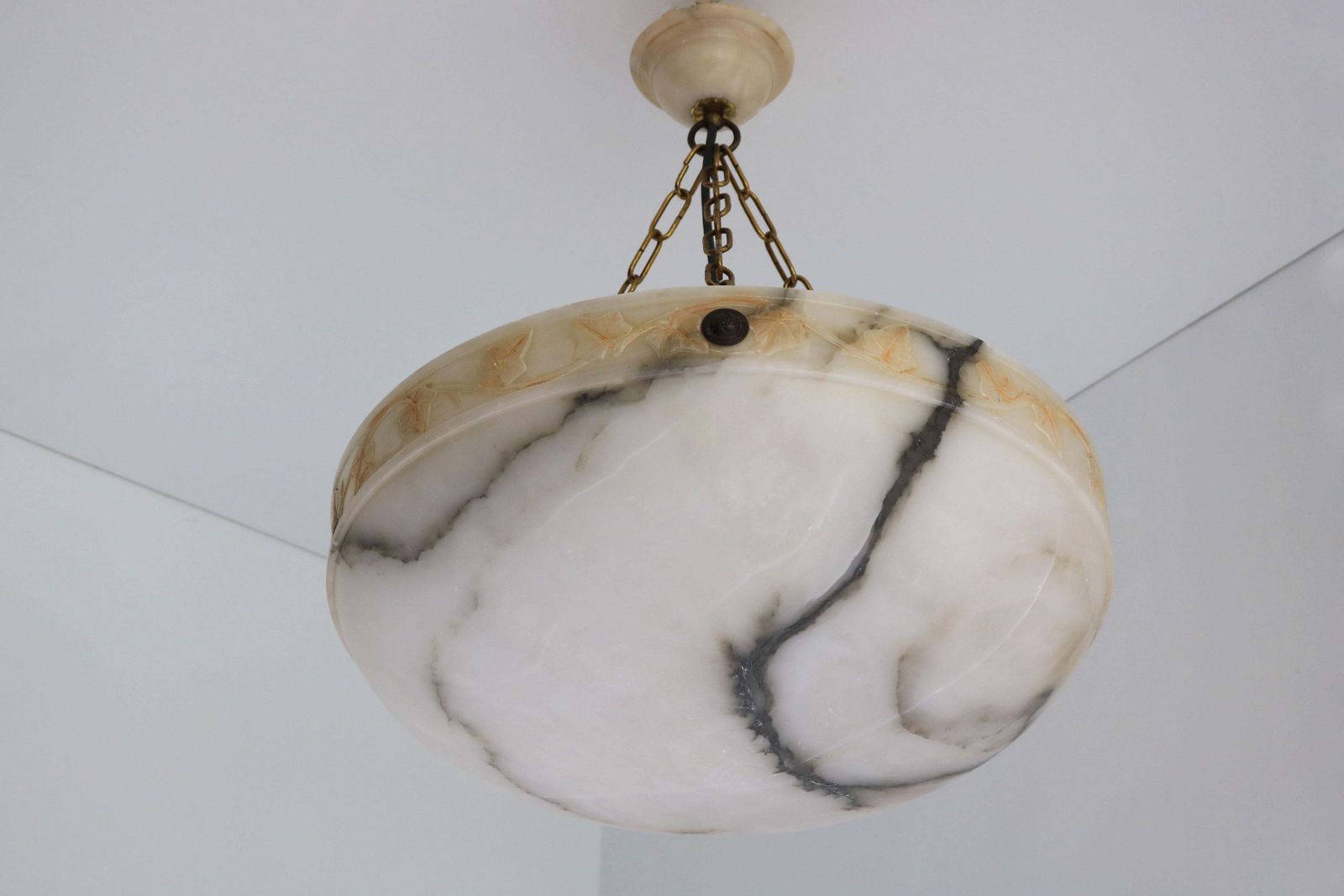 Timeless Large ø 19.8 White Alabaster Art Nouveau Chandelier With Carved Leaves photo Lighting