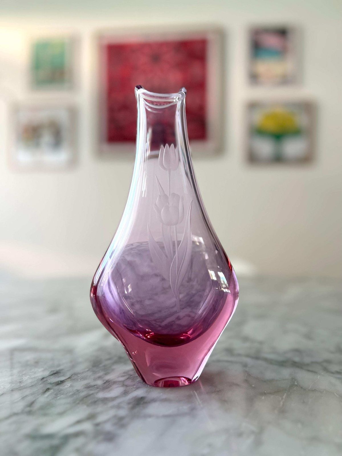 Pink Alexandrite Glass Vase With Etched Tulips   Zelezny Brod Sklo Vase   Neodymium Glass Vase   Zbs Sklo Union photo Home Decor