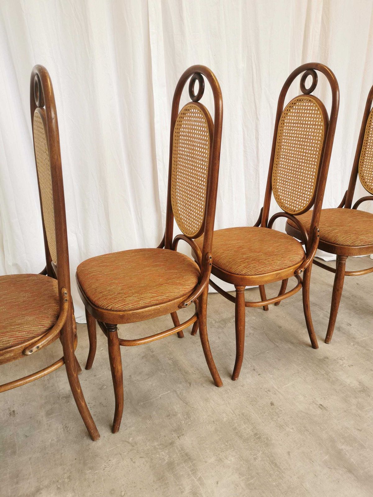 Set Of 4 Vintage High Backrest Dining Chairs / 1970s Thonet Style Bentwood Dine Chairs / Cane Back Fabric Seat / Mid Century Wooden Chairs photo vinterior