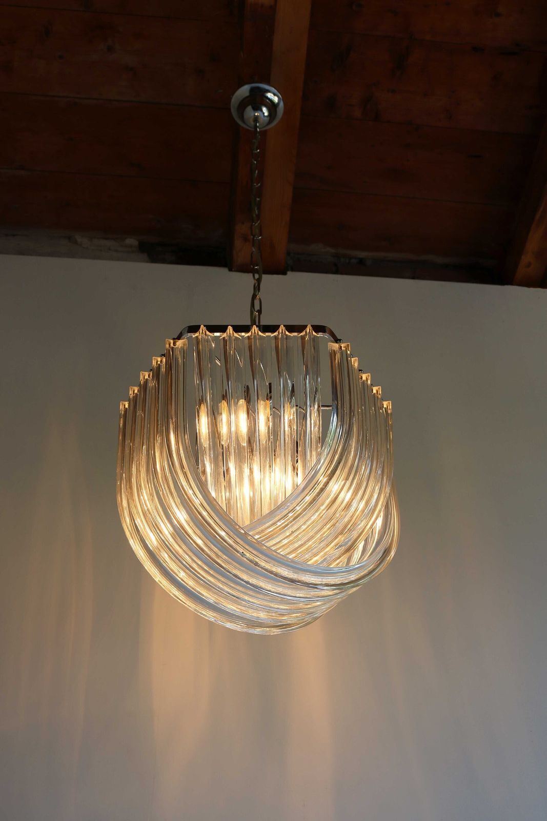 Carlo Nason Curvati Murano Glass Chandelier Mid Century Modern Triedri Chandelier Italy 1960s Venini Style photo for sale