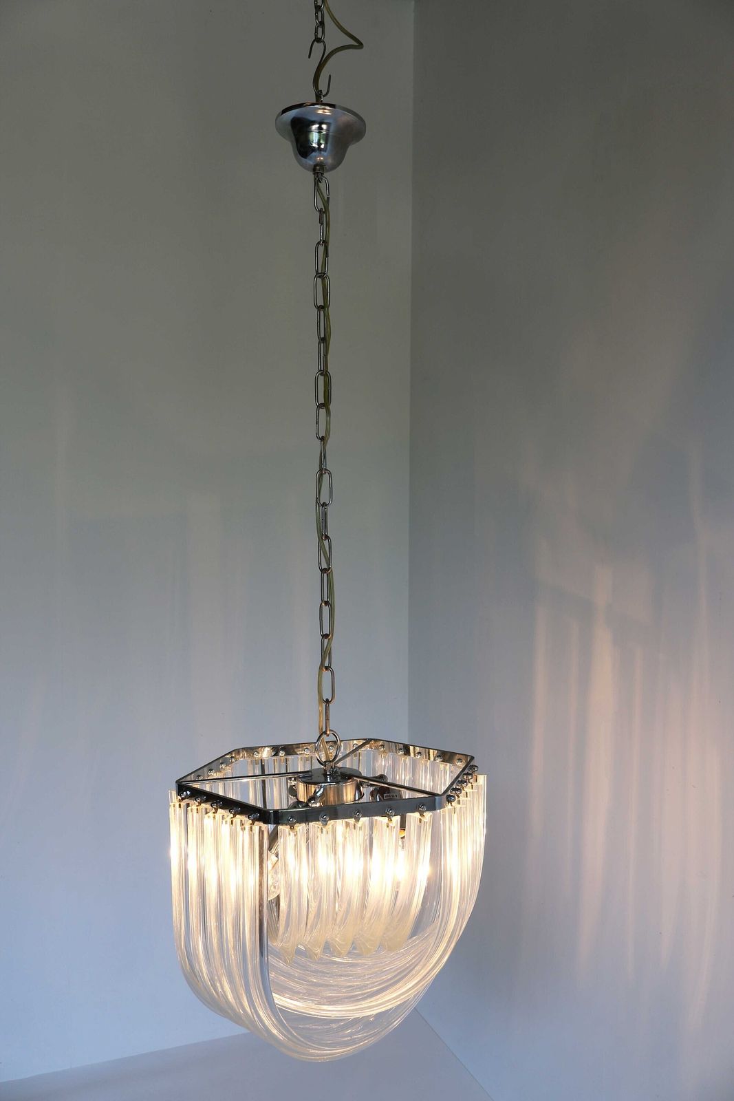 photo furniture Carlo Nason Curvati Murano Glass Chandelier Mid Century Modern Triedri Chandelier Italy 1960s Venini Style