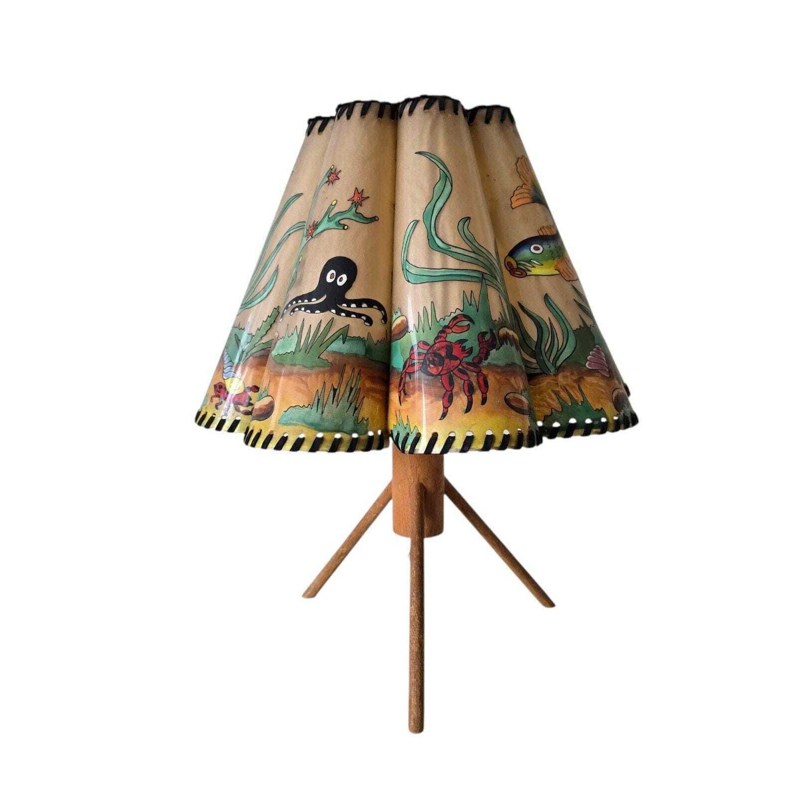 Delightful Vintage Mid Century Kids Table Lamp With Hand Painted Underwater Scene – Tripod Legs – Nautical Ocean Theme – 1950s/60s Style