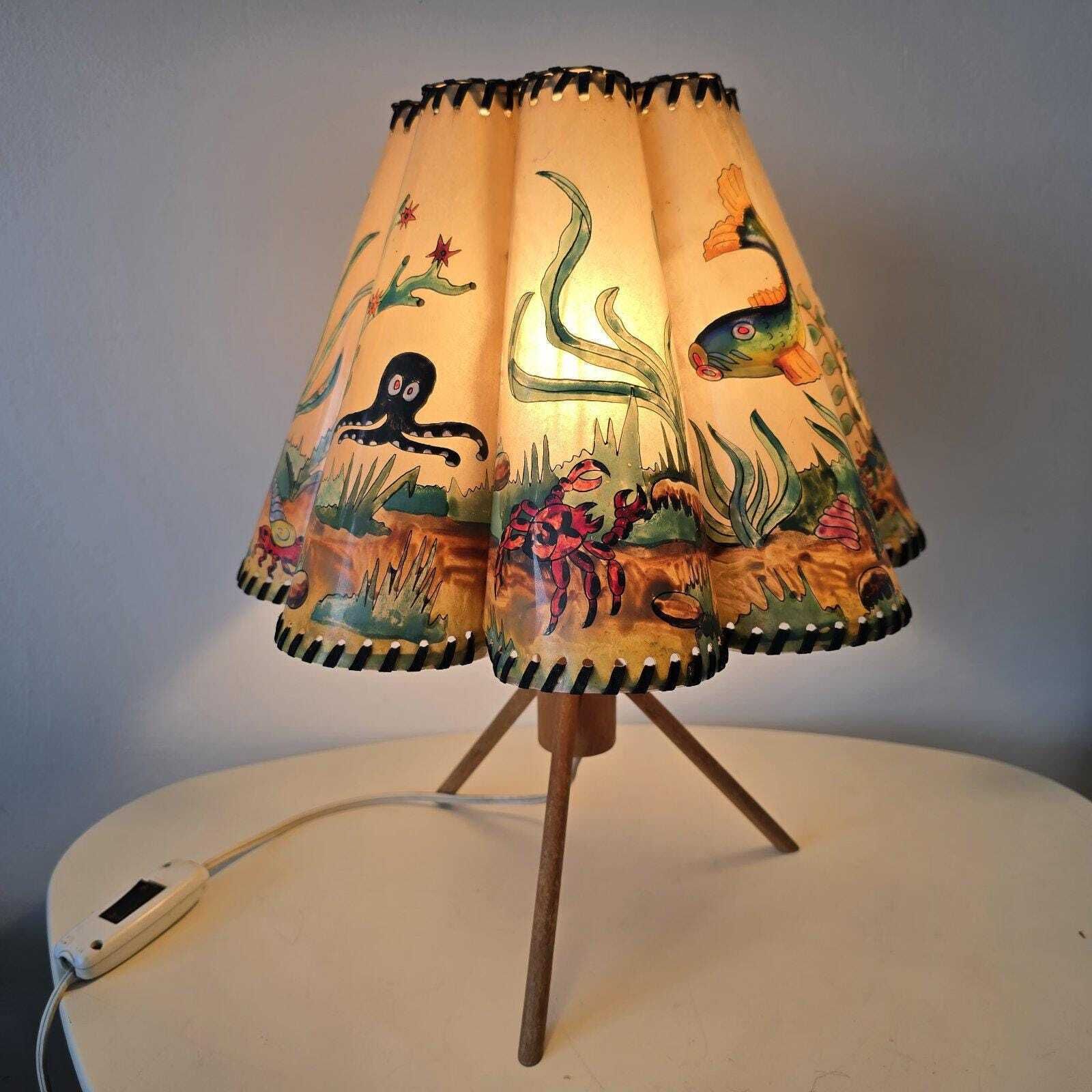Delightful Vintage Mid Century Kids Table Lamp With Hand Painted Underwater Scene – Tripod Legs – Nautical Ocean Theme – 1950s/60s Style photo furniture