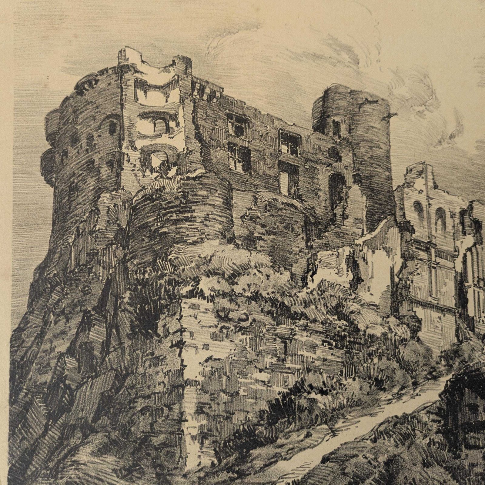 Antique Julien Lacaze Engraving Of Exterior Of Castle Ruins France, Signed French Art Print