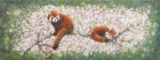 Red Pandas In Cherry Blossom Landscape Wildlife Original Painting Andi J Lucas