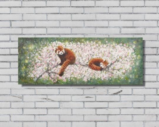 Red Pandas In Cherry Blossom Landscape Wildlife Original Painting Andi J Lucas photo 390.0