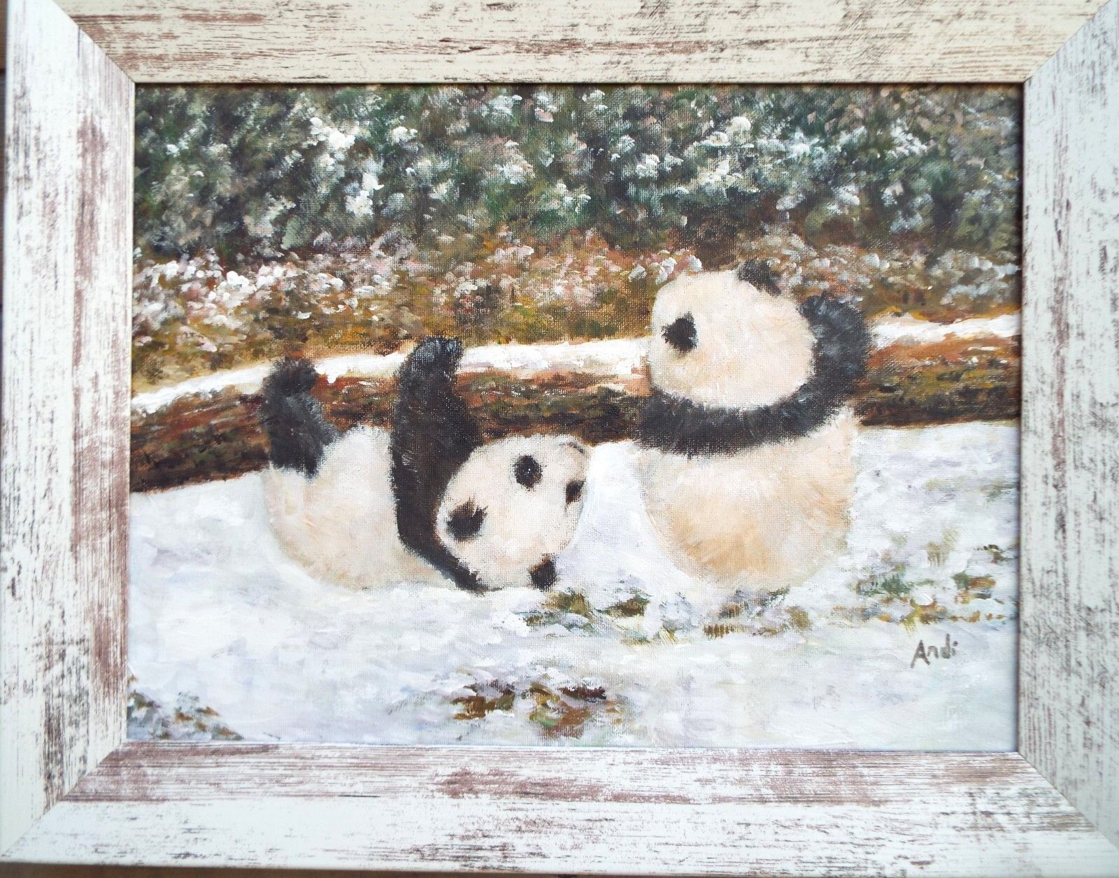 Panda Cubs Playing In Snow  Original Painting Signed  Andi J Lucas photo furniture