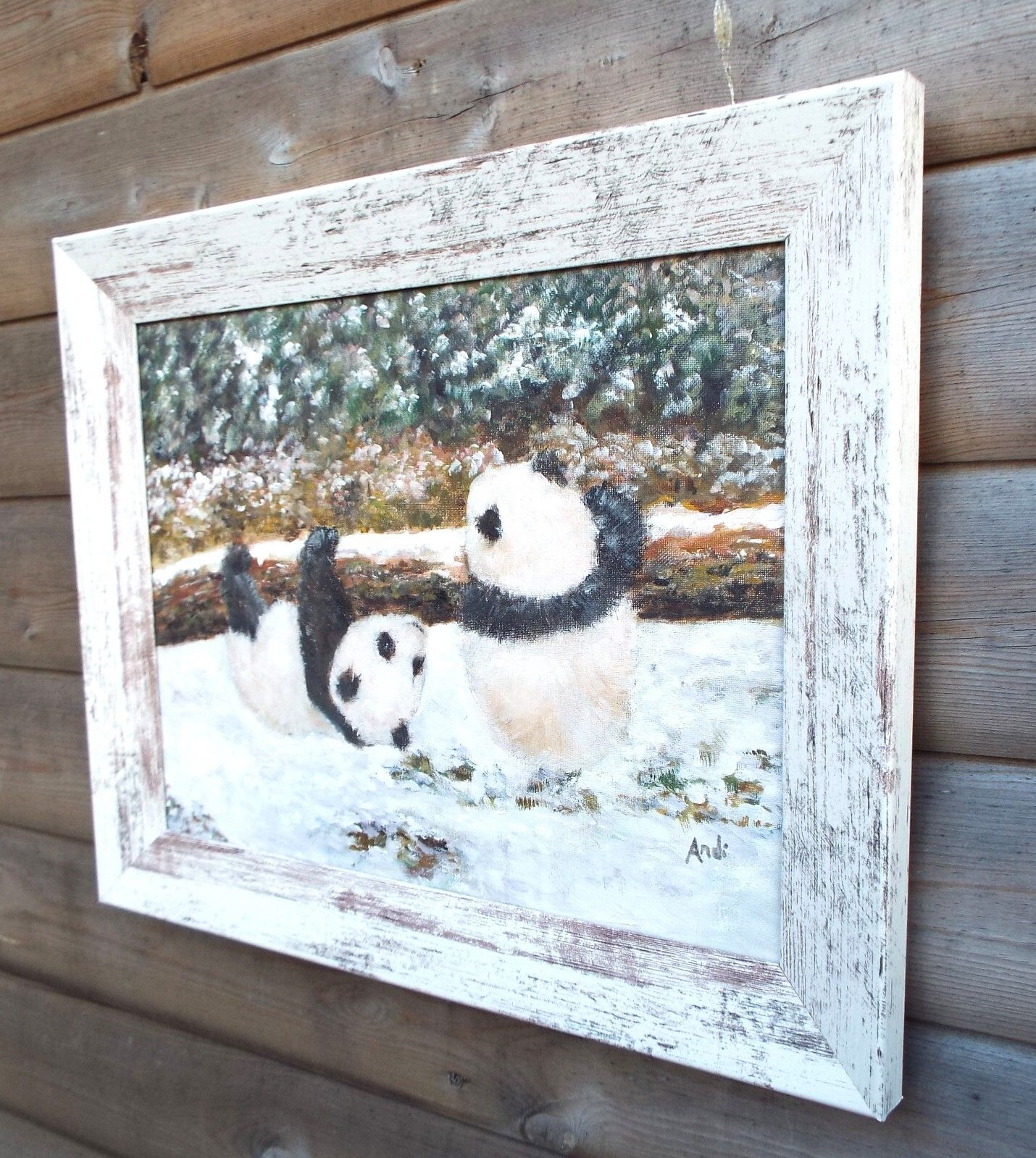 Panda Cubs Playing In Snow  Original Painting Signed  Andi J Lucas photo 301.0