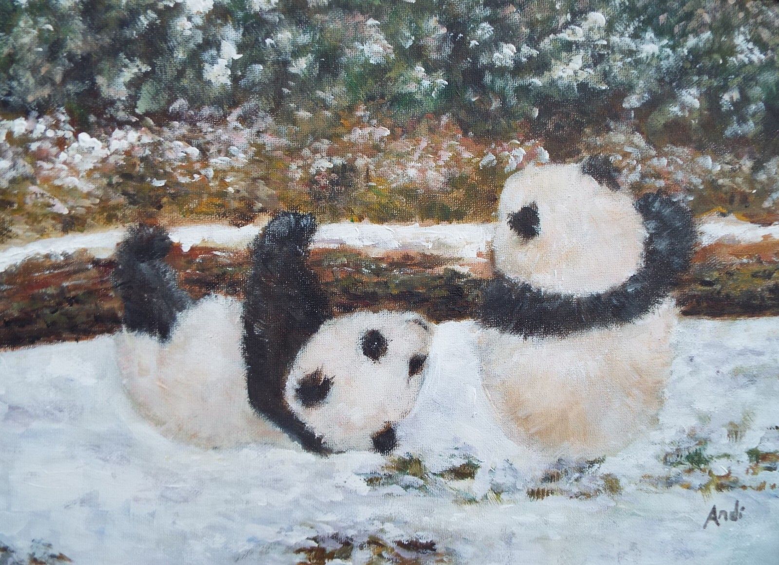 Panda Cubs Playing In Snow  Original Painting Signed  Andi J Lucas photo buy