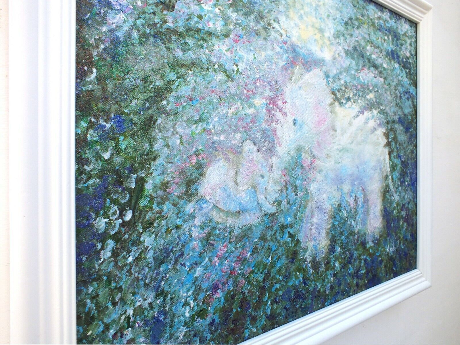 Mother & Baby Elephants Original Signed Framed Painting Whimsical Andi J Lucas photo vintage