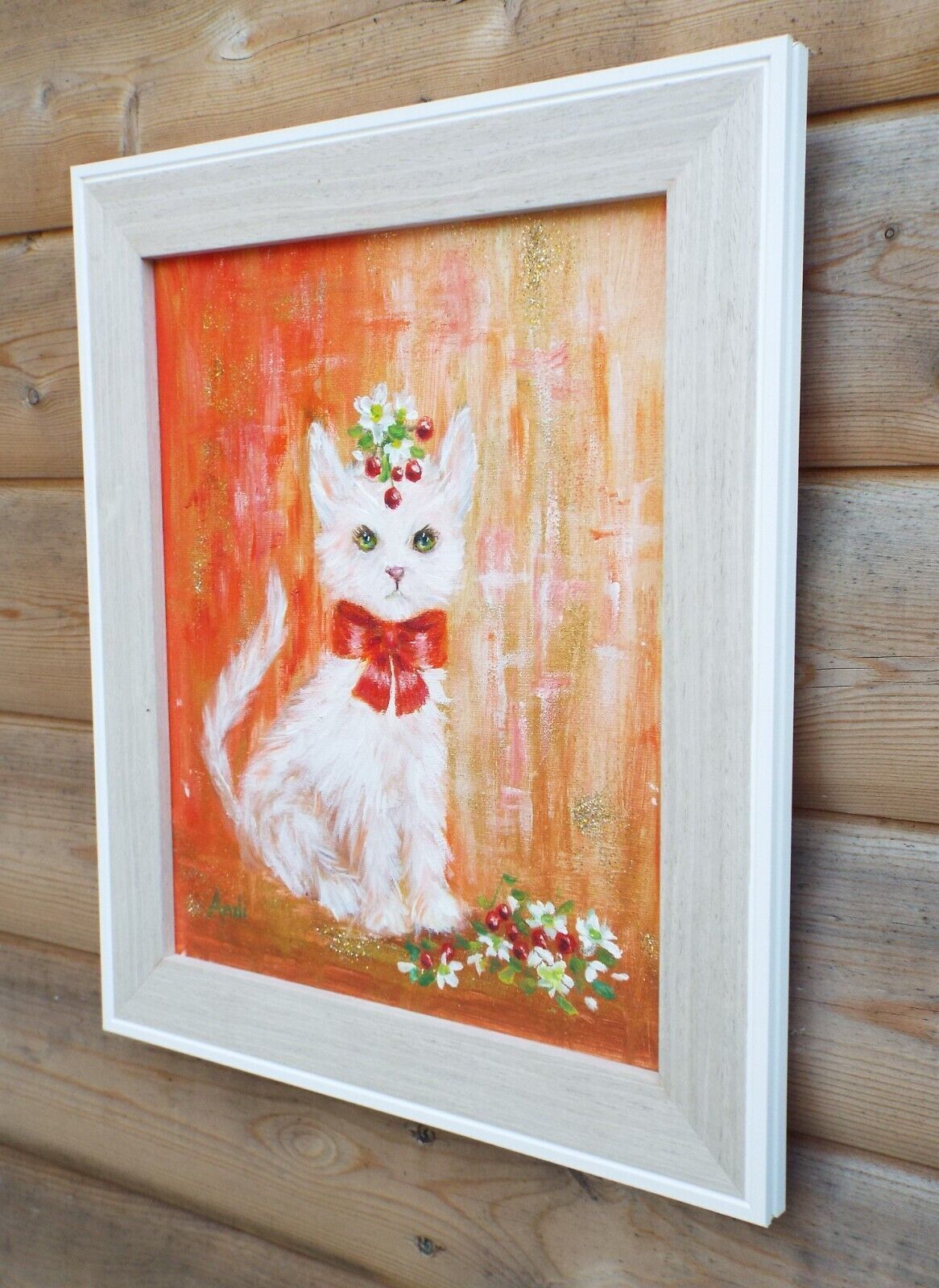 Original Painting Cute White Kitten Cat With Cherries Illustration Andi J Lucas photo for sale