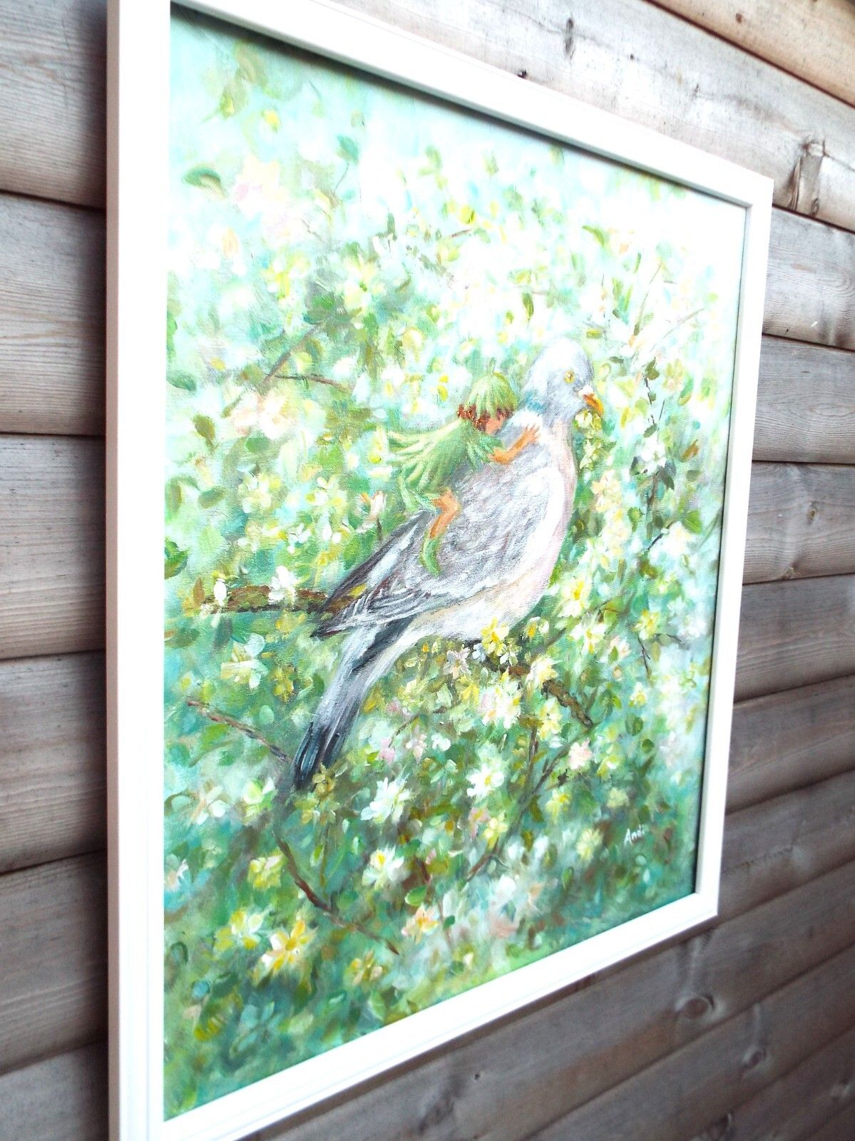 Fantasy Art Large Framed Original Painting Floral Wood Pigeon Pixie Andi J Lucas photo for sale