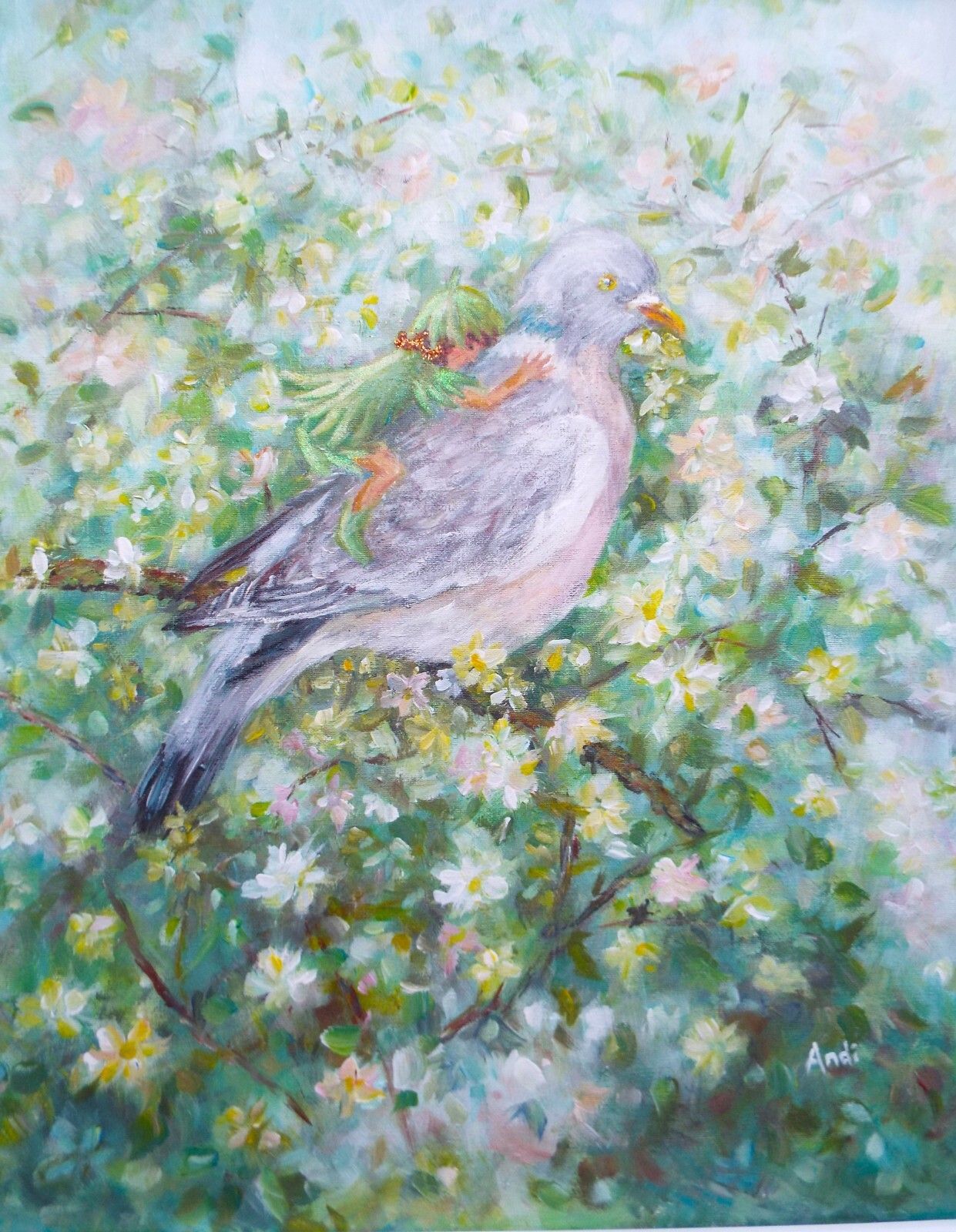 Fantasy Art Large Framed Original Painting Floral Wood Pigeon Pixie Andi J Lucas photo vinterior
