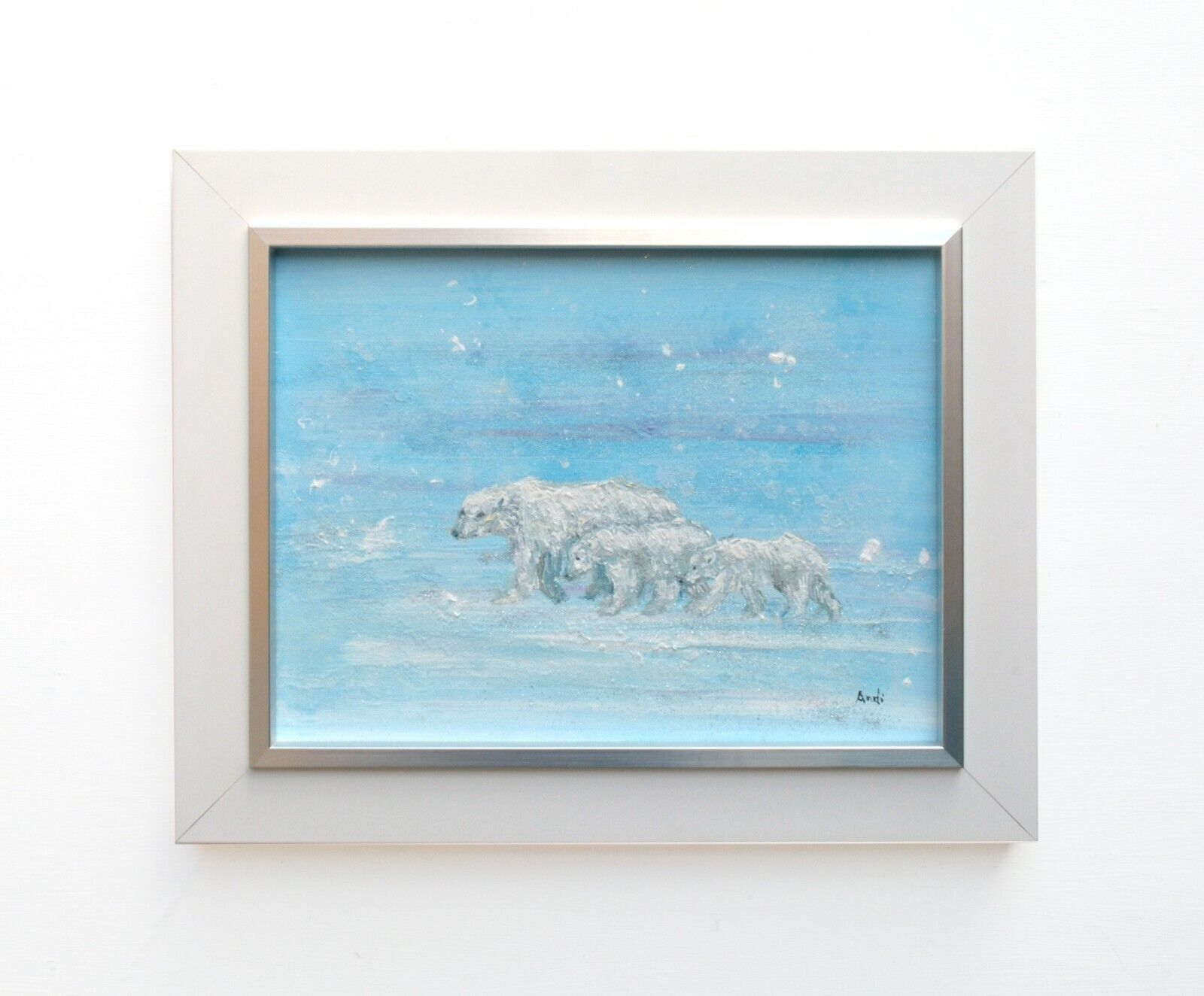 Mother & Cubs Polar Bears  In The Arctic Original Framed Painting  Andi J Lucas