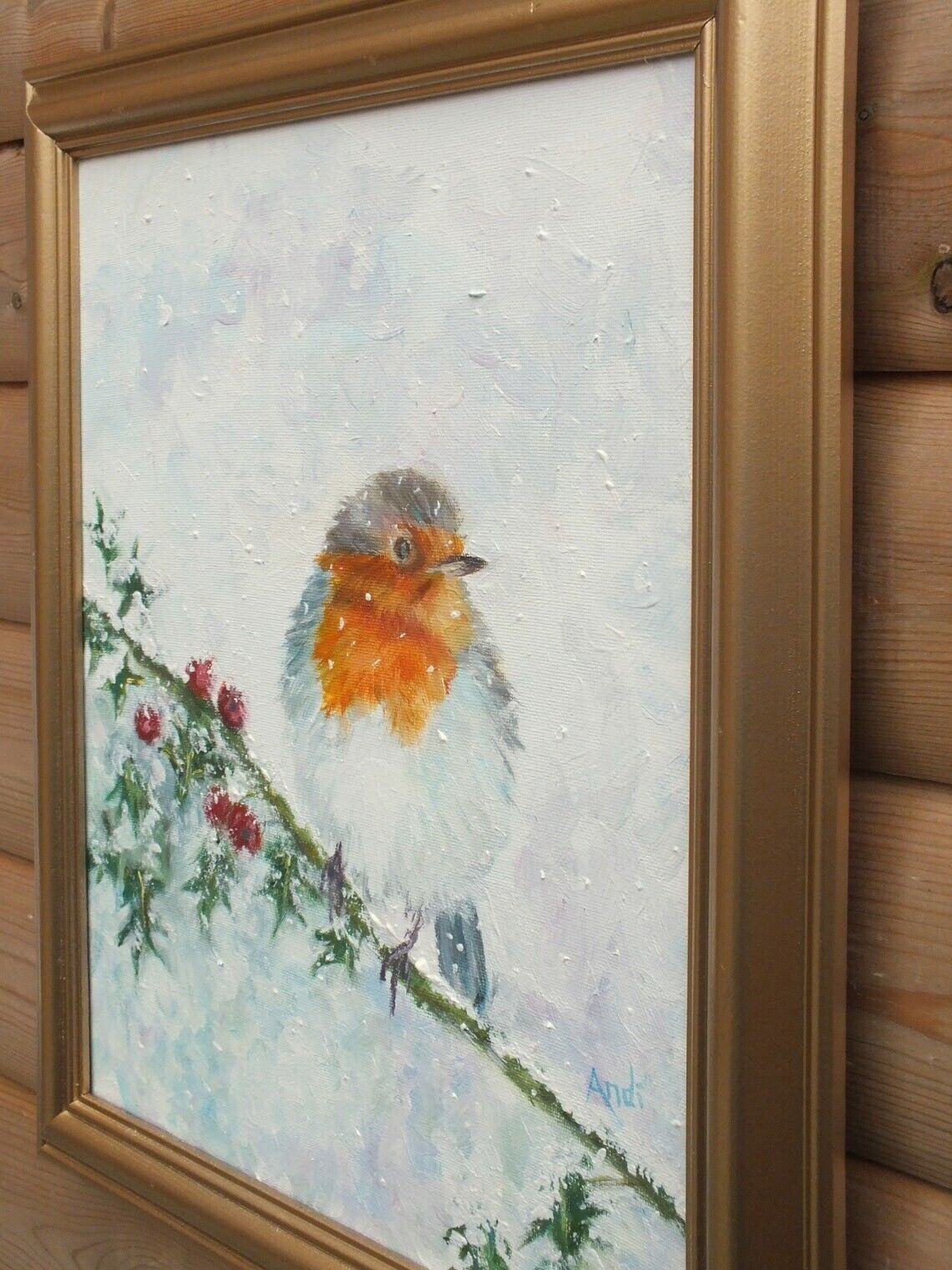 European British Robin In Winter Original Painting Signed Framed Andi J Lucas photo 362.0