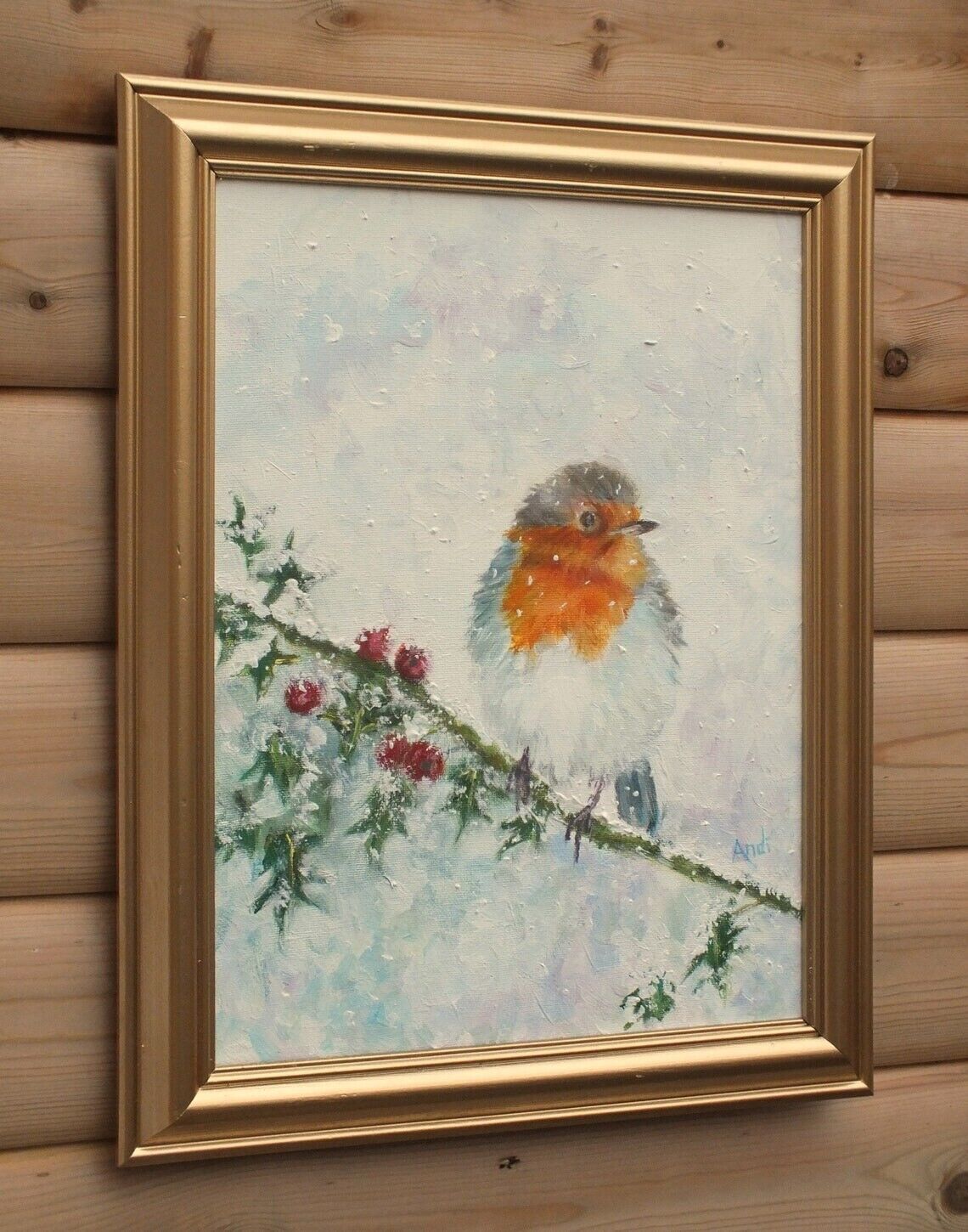 European British Robin In Winter Original Painting Signed Framed Andi J Lucas photo buy