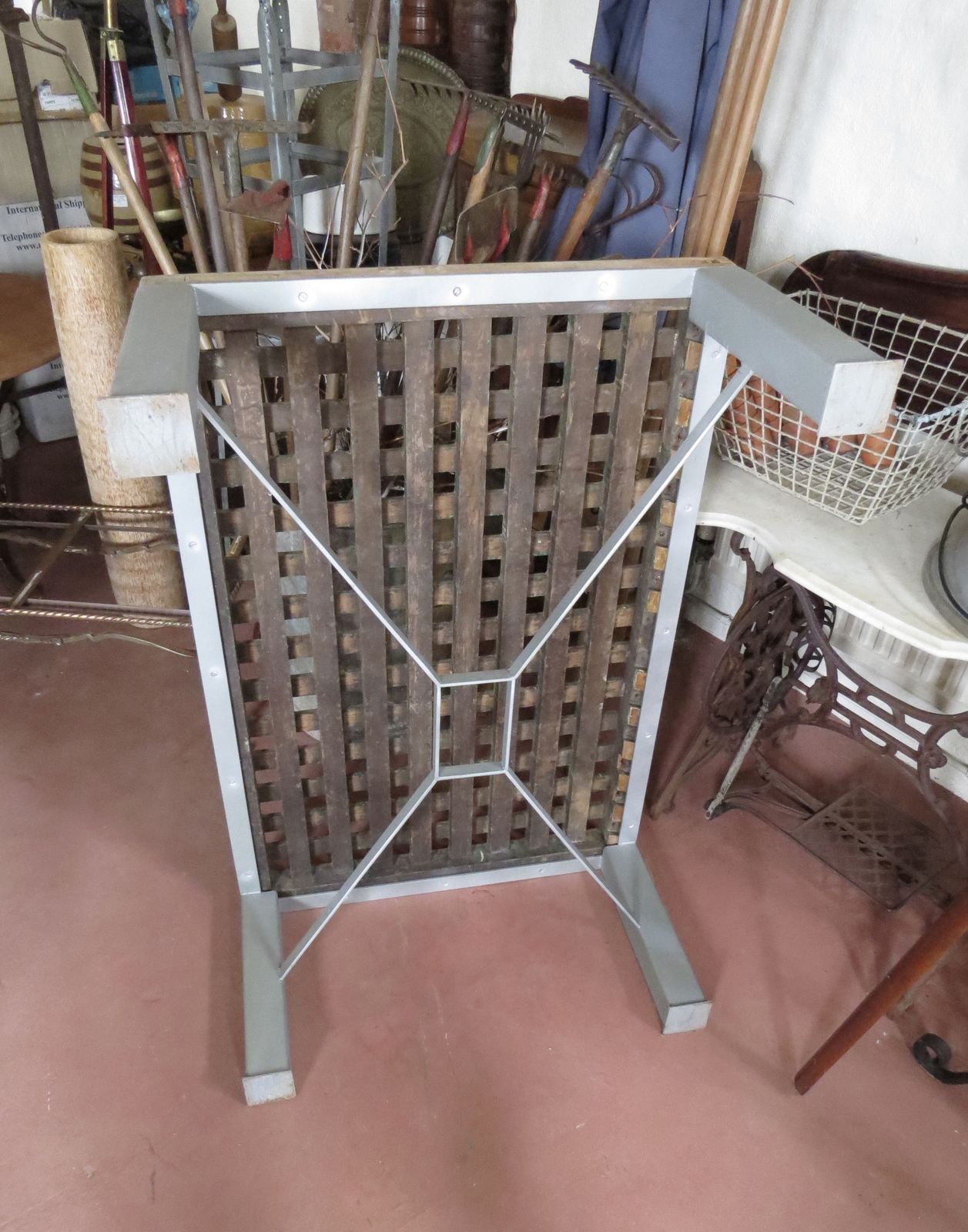 photo for sale Industrial Garden Table. Teak Duck Grating Top With Steel Base.