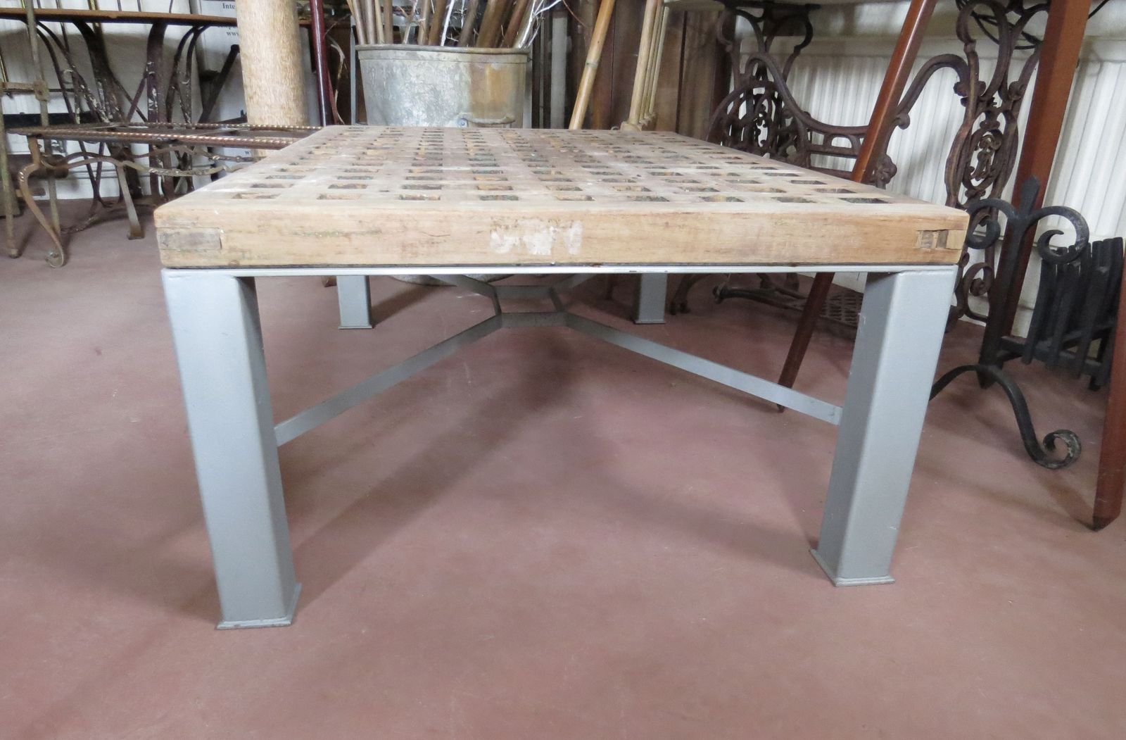 Garden Furniture Industrial Garden Table. Teak Duck Grating Top With Steel Base. photo
