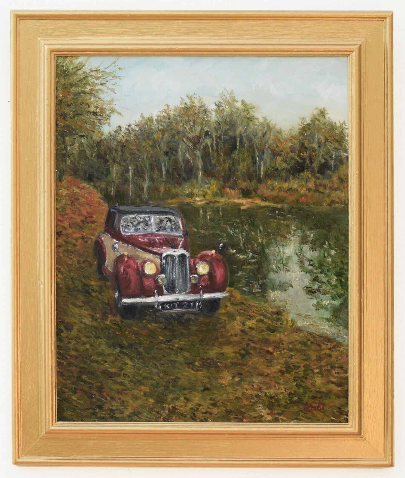 Vintage Car Oil Painting Riley By The River Forest Landscape Framed Andi J Lucas