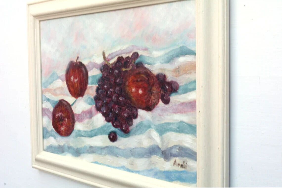 Original Signed Framed Oil Painting Fruits Red Apples Black Grapes Andi J Lucas photo 466.0