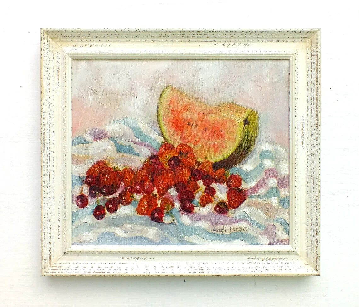 Original Signed Framed Oil Painting Fruits Watermelon Strawberries Andi J Lucas photo furniture
