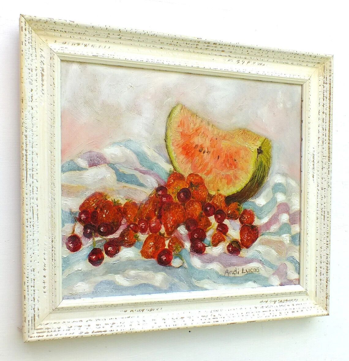 Original Signed Framed Oil Painting Fruits Watermelon Strawberries Andi J Lucas photo vinterior