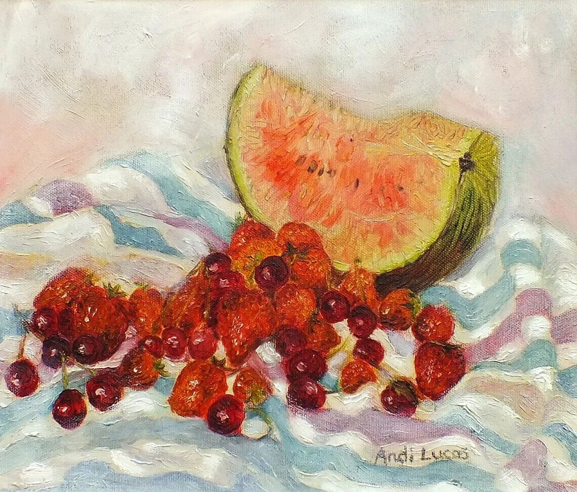Original Signed Framed Oil Painting Fruits Watermelon Strawberries Andi J Lucas photo vintage