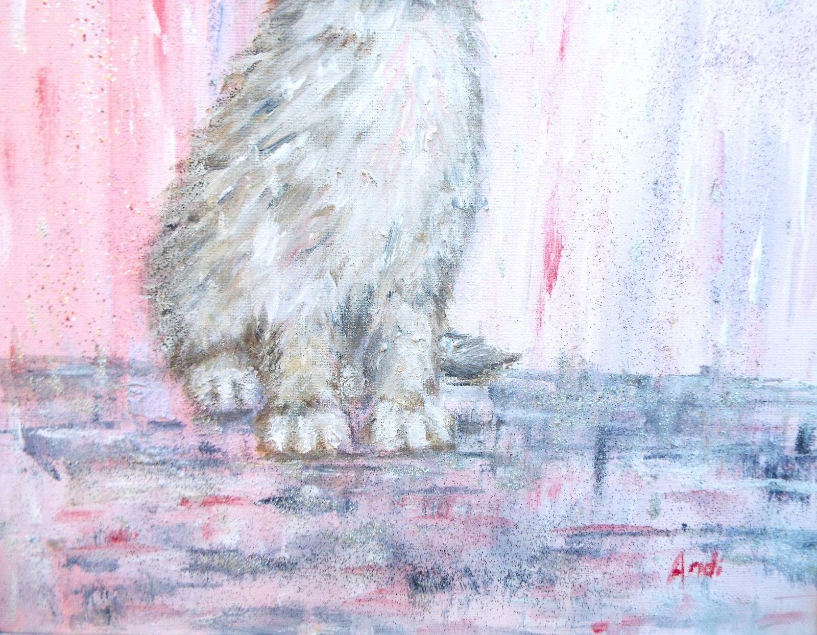 Grey Cat Kitten In Pink Rain Original  Framed Painting Andi J Lucas photo vintage