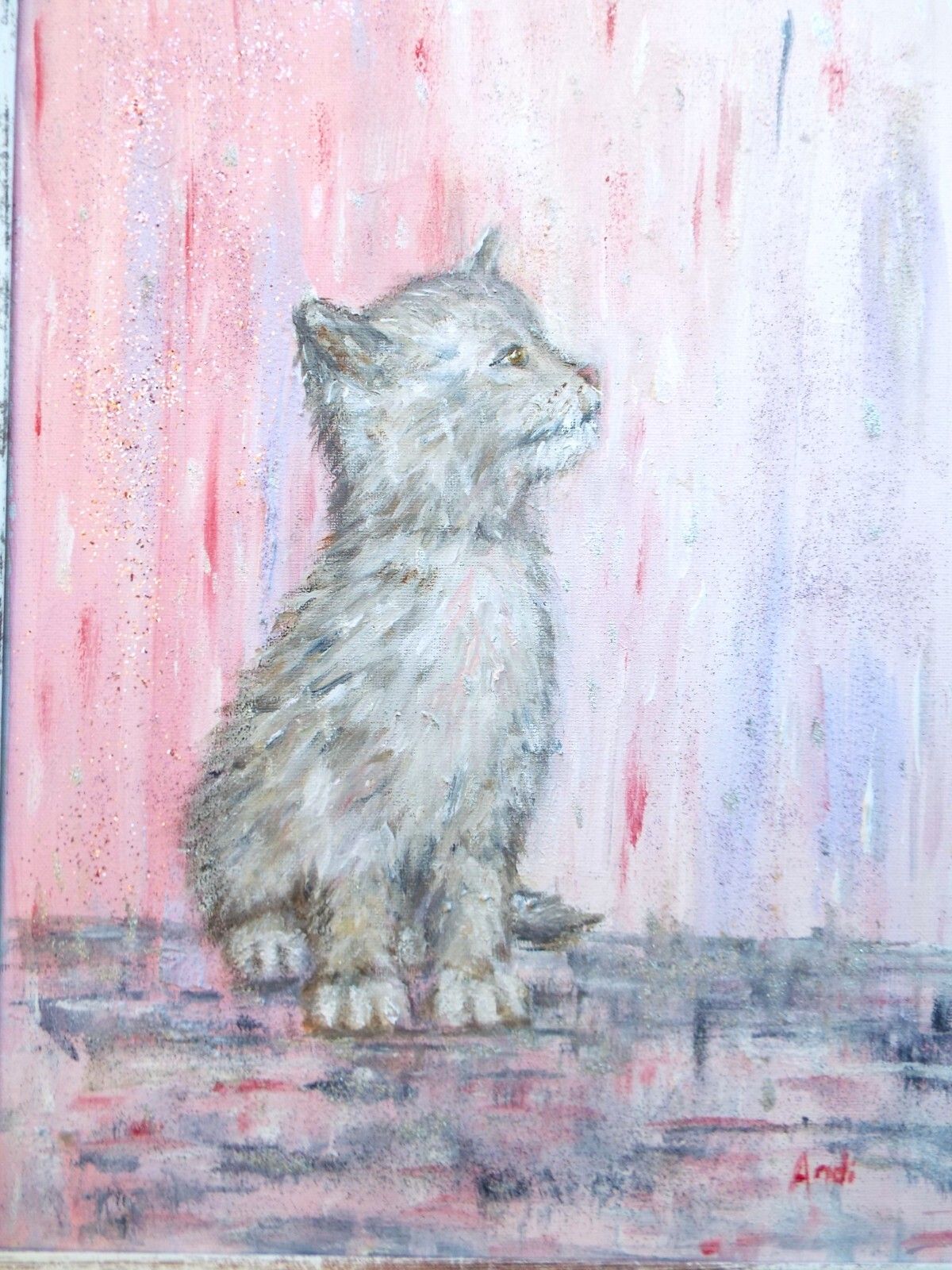 photo for sale Grey Cat Kitten In Pink Rain Original  Framed Painting Andi J Lucas