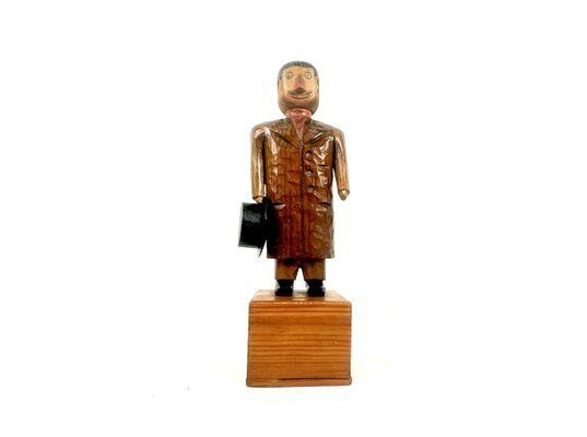 Swedish Wooden Hand Carved Man With Hat Sculpture With Money Box, 1910s