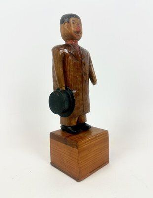 Swedish Wooden Hand Carved Man With Hat Sculpture With Money Box, 1910s photo for sale