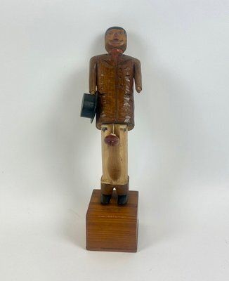 photo furniture Swedish Wooden Hand Carved Man With Hat Sculpture With Money Box, 1910s