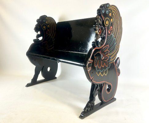 Antique Swedish Carved Hand Painted Lion's Bench, 1900s