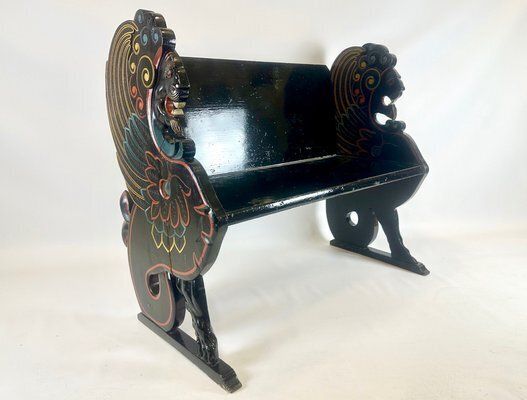 Antique Swedish Carved Hand Painted Lion's Bench, 1900s photo furniture
