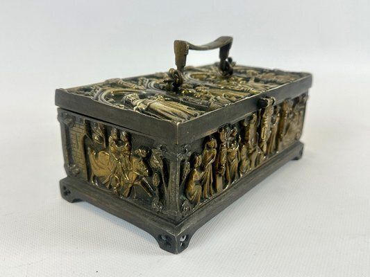 Antique Gothic Revival Bronze Jewelry Box With Religious Scenes, 19th Century photo furniture