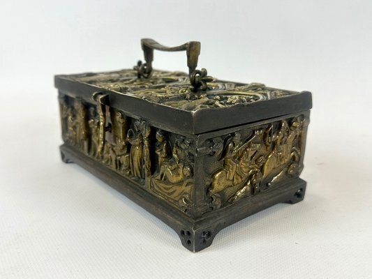 Antique Gothic Revival Bronze Jewelry Box With Religious Scenes, 19th Century photo for sale