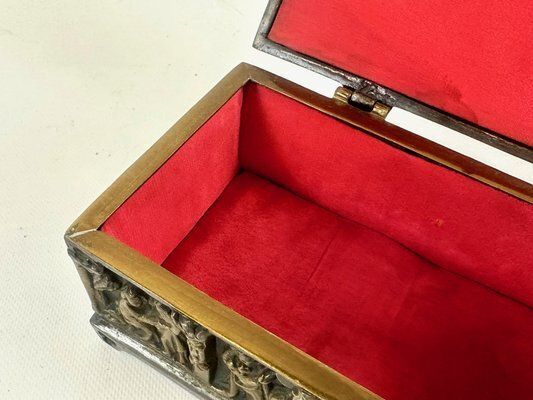 photo vinterior Antique Gothic Revival Bronze Jewelry Box With Religious Scenes, 19th Century