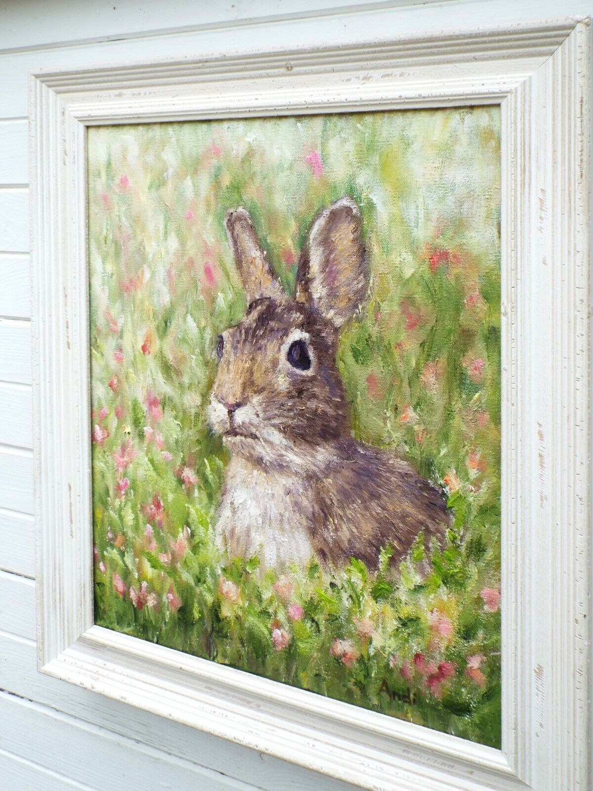Hare Portrait In Floral Meadow Original Oil Painting Signed Framed Andi J Lucas photo for sale