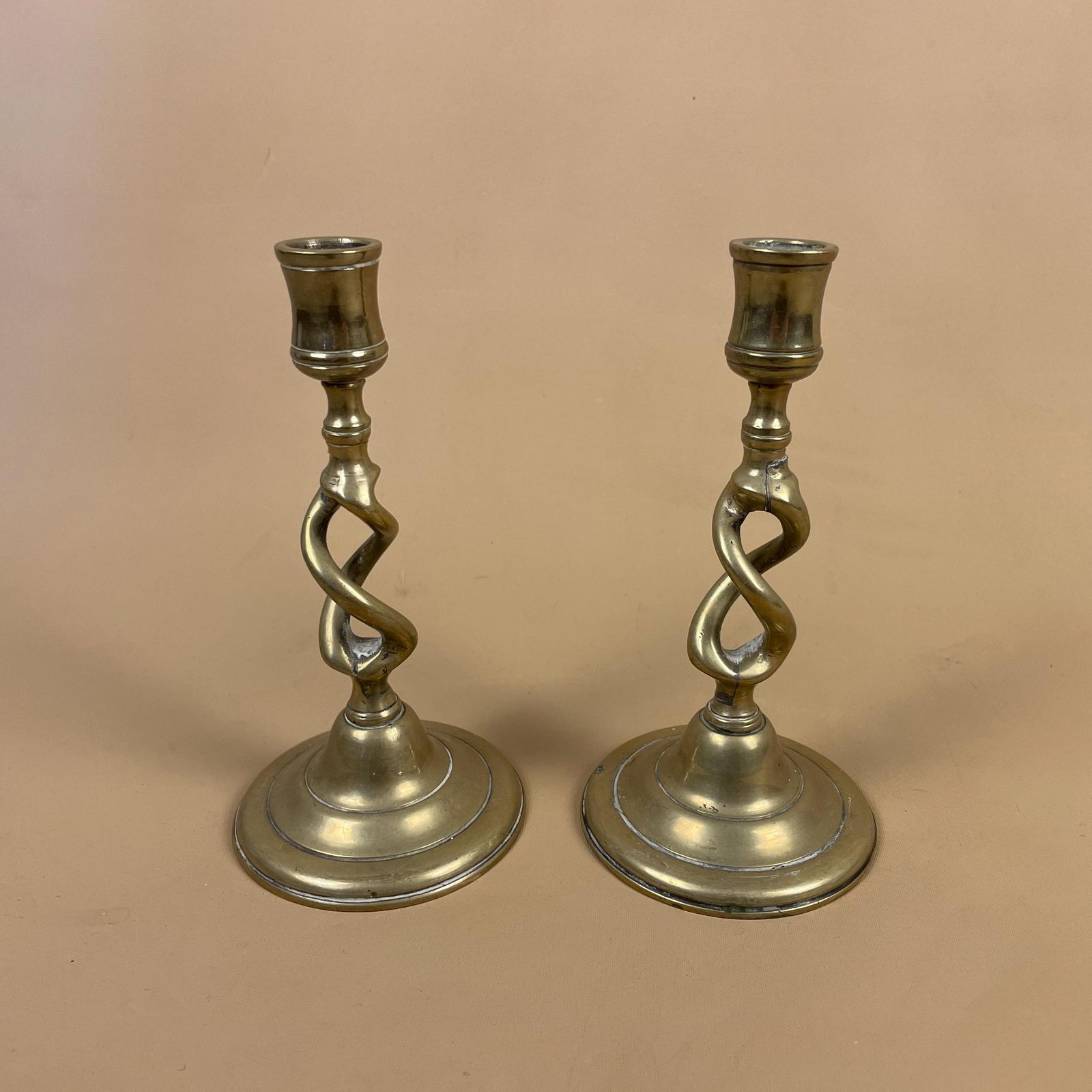 Antique Matching Pair Of Gold Brass Metal Candlestick Candle Stick Vintage Column Taper Dinner Candlesticks Twisted Twist Round Base photo for sale