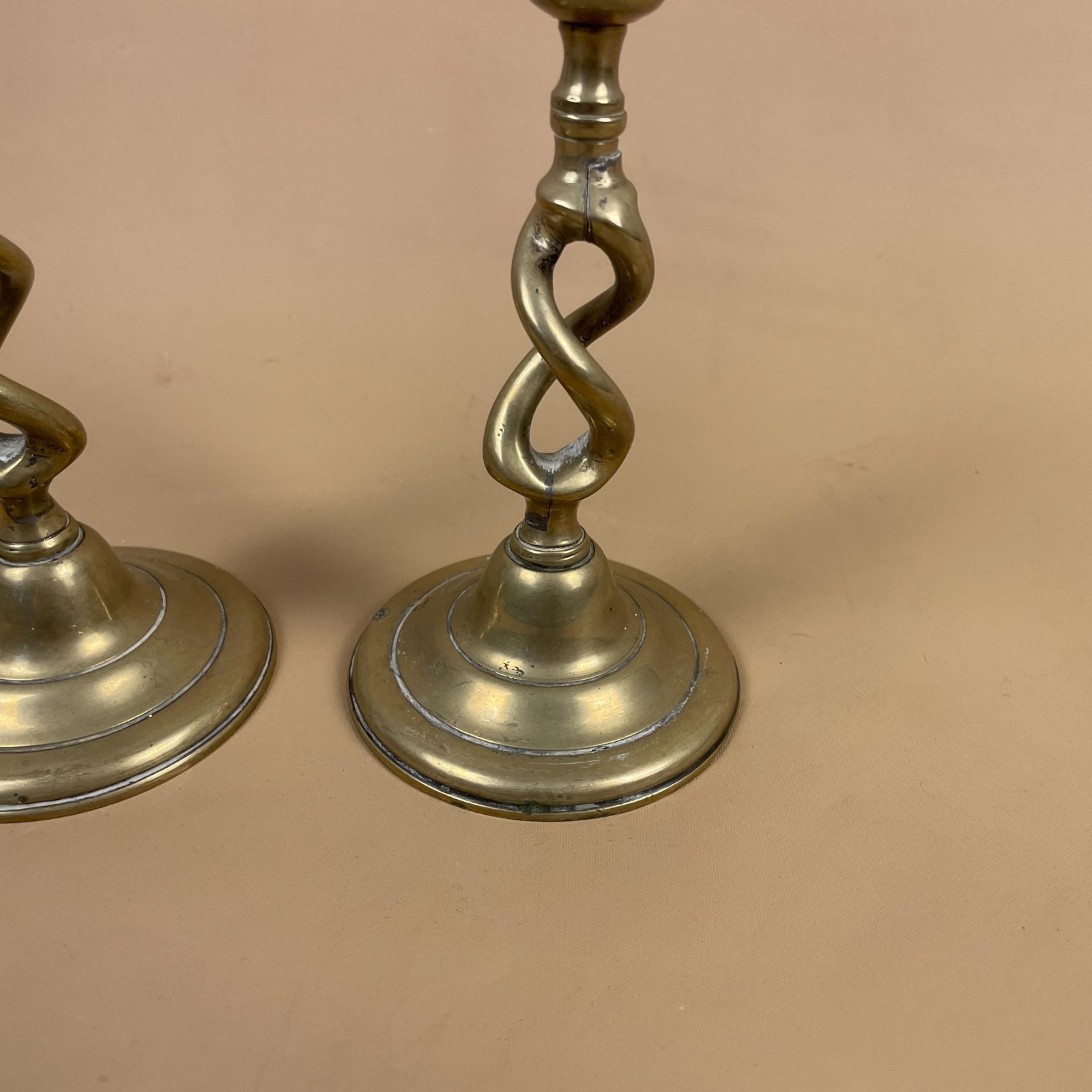 Antique Matching Pair Of Gold Brass Metal Candlestick Candle Stick Vintage Column Taper Dinner Candlesticks Twisted Twist Round Base photo Home Decor