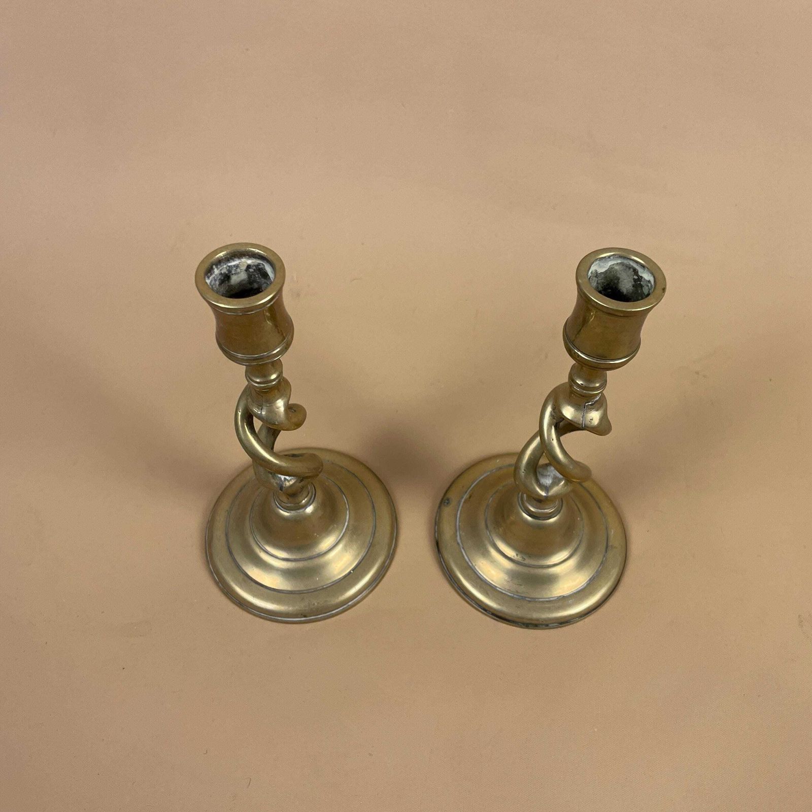 Antique Matching Pair Of Gold Brass Metal Candlestick Candle Stick Vintage Column Taper Dinner Candlesticks Twisted Twist Round Base photo 55.0