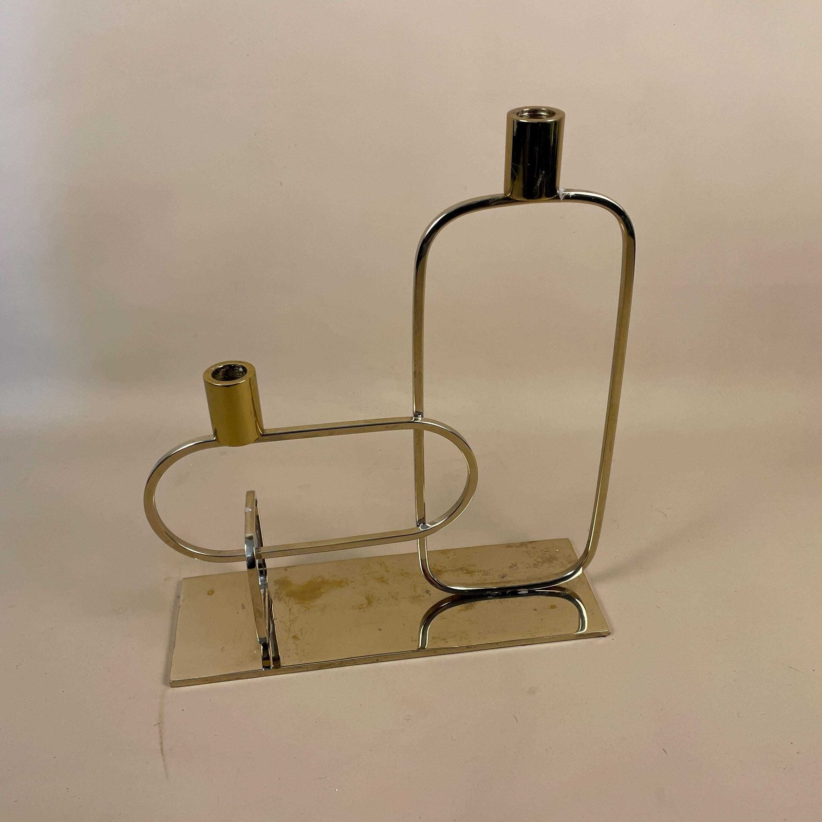 Retro Modern Gold Candelabra Gold Brass Metal Candlestick Candle Stick Vintage Taper Dinner Candlesticks Curved Pattern 2 Arms Table Top photo vintage