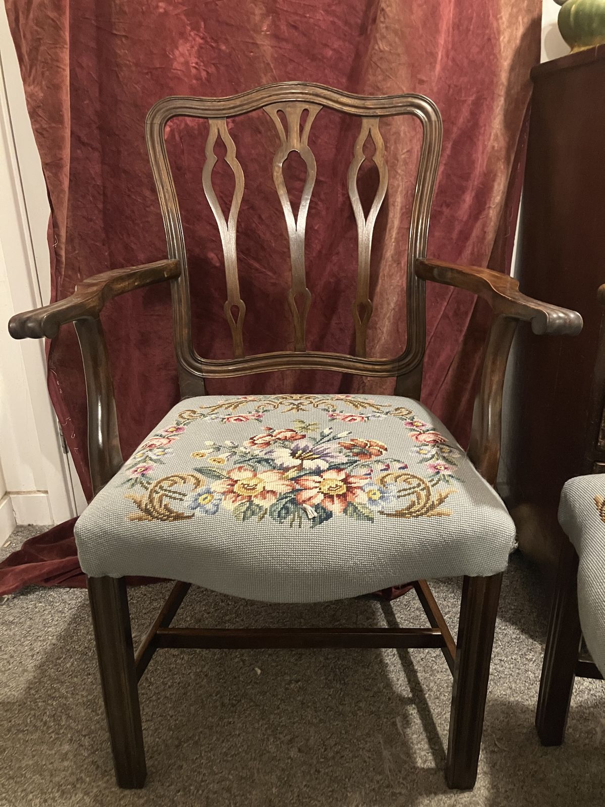 English Georgian Elm And Oak Carver Dining Chairs With Later Upholstered Floral Crotchet Seats photo Furniture