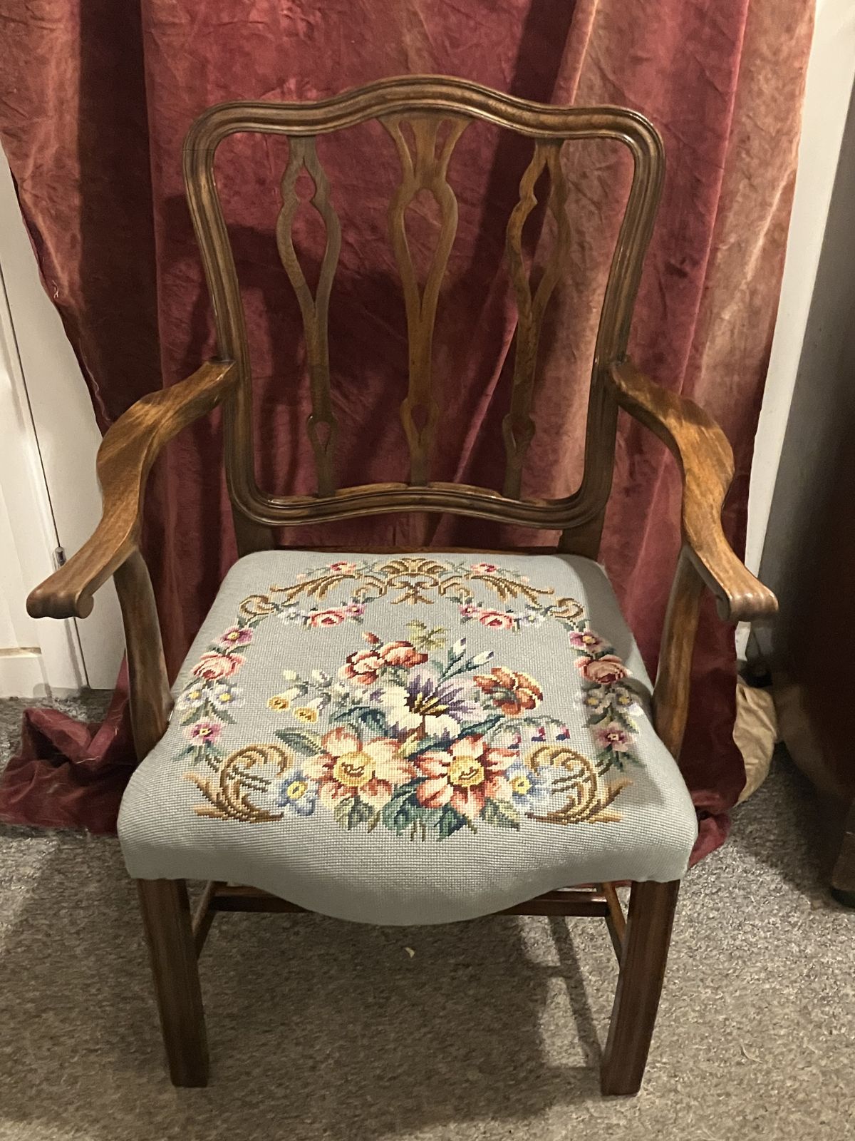 295.0 English Georgian Elm And Oak Carver Dining Chairs With Later Upholstered Floral Crotchet Seats photo