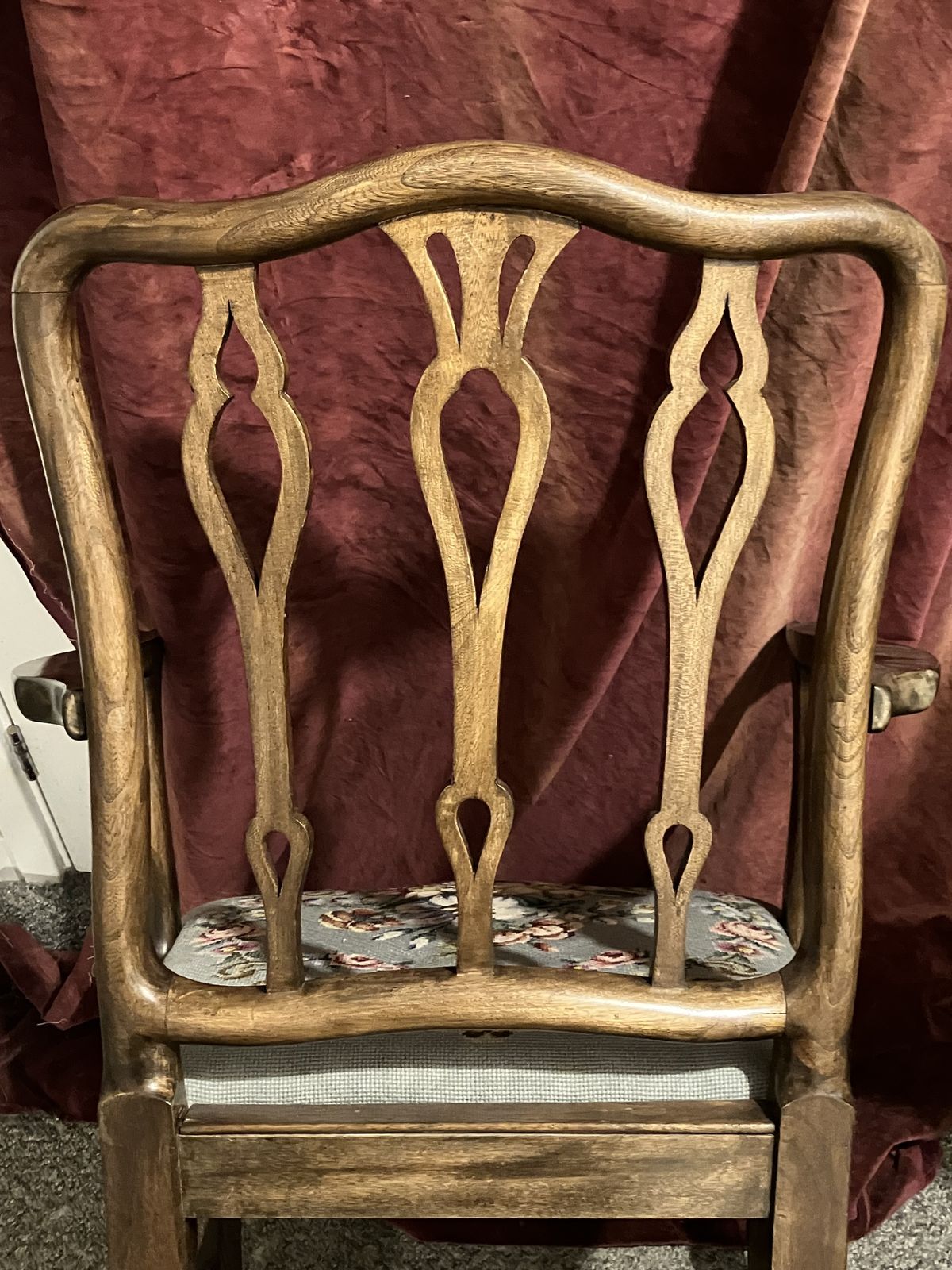 photo buy English Georgian Elm And Oak Carver Dining Chairs With Later Upholstered Floral Crotchet Seats